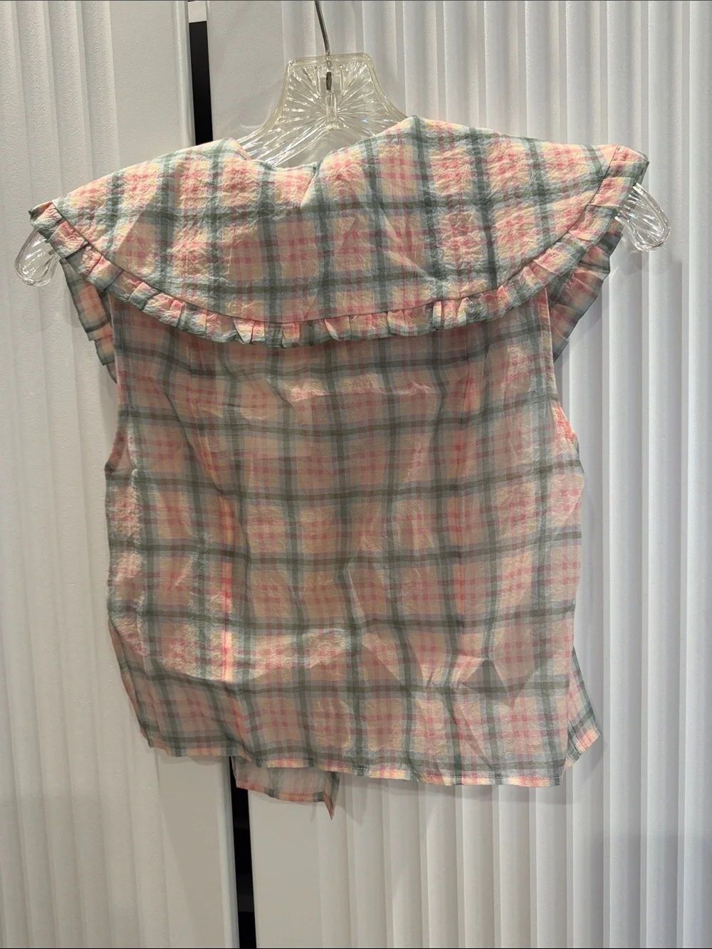 & Other Stories Pastel Plaid Sleeveless Button-Up Top with Ruffle Collar - Picture 2 of 3